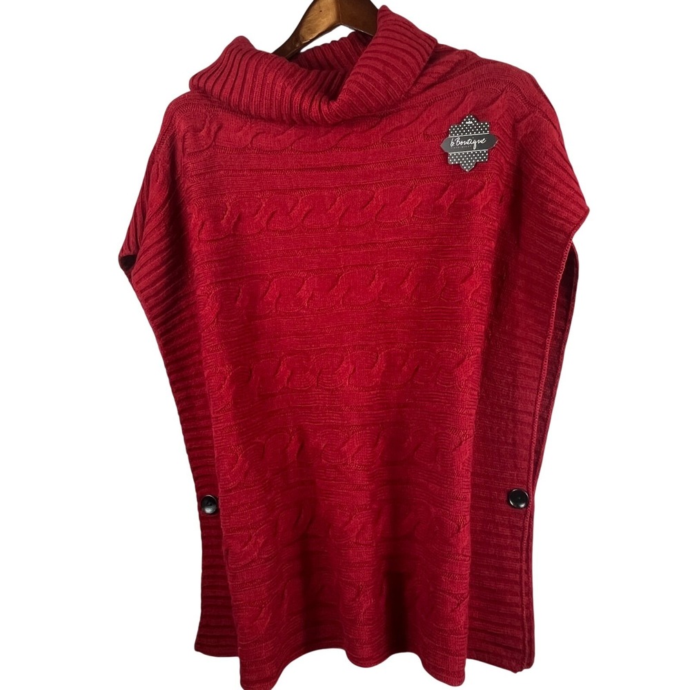 b. Boutique Womens One Size Cable Knit Poncho Red Button Cape Sweater Cozy